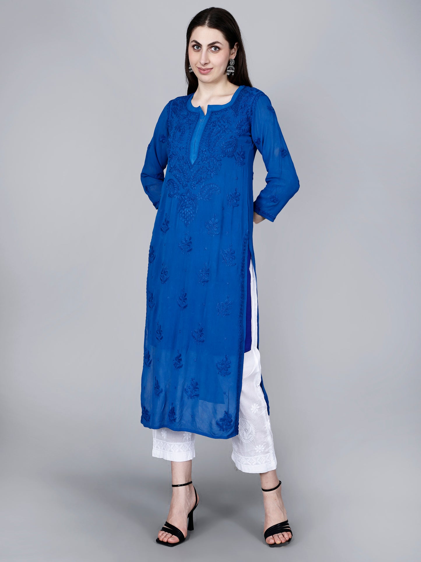 "The Chikankari Story"Chikankari Hand Embroidered Long Kurti in Pure Viscose with 3D Work – Traditional Meets Modern Elegance.