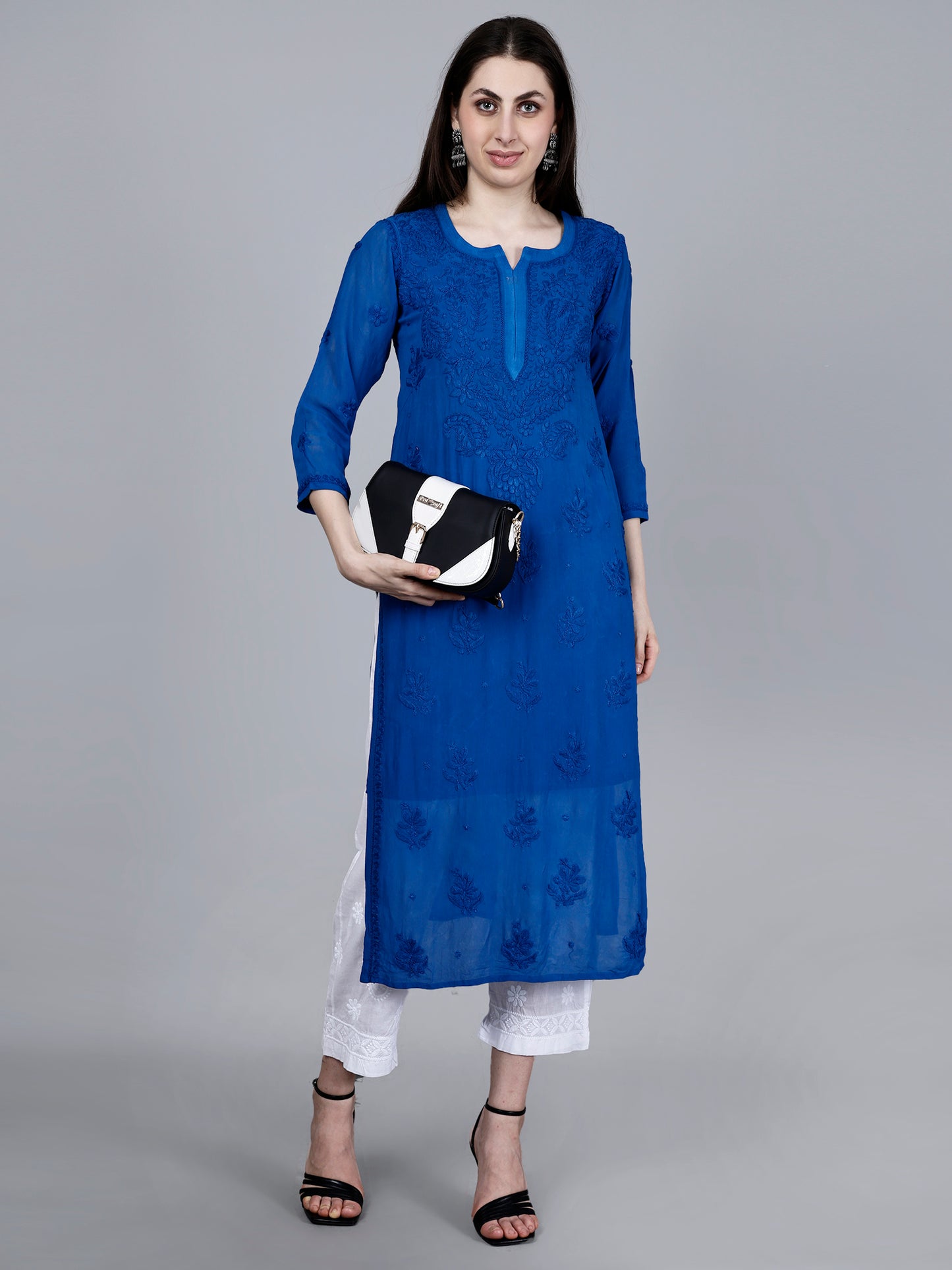 "The Chikankari Story"Chikankari Hand Embroidered Long Kurti in Pure Viscose with 3D Work – Traditional Meets Modern Elegance.