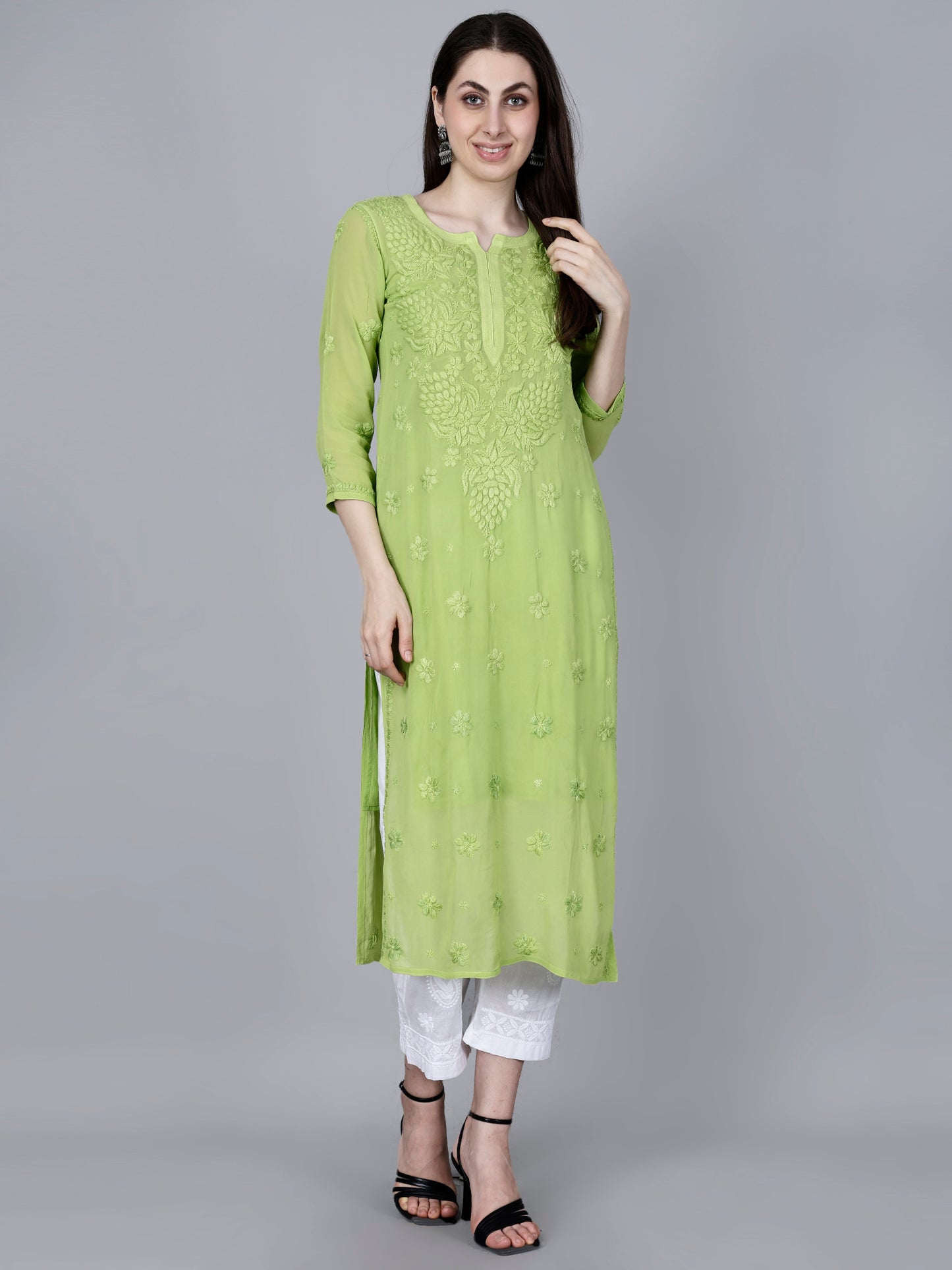 "The Chikankari Story"Chikankari Hand Embroidered Long Kurti in Pure Viscose with 3D Work – Traditional Meets Modern Elegance.