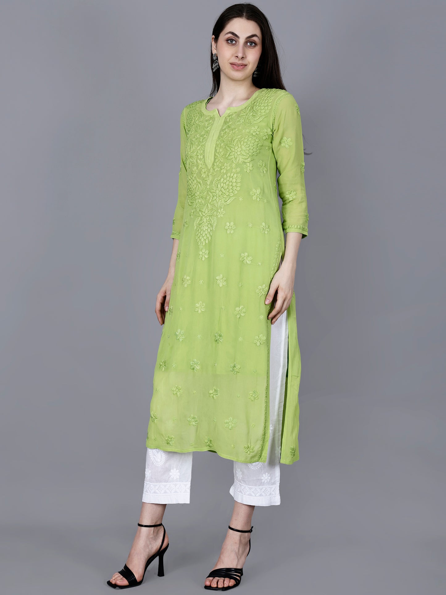 "The Chikankari Story"Chikankari Hand Embroidered Long Kurti in Pure Viscose with 3D Work – Traditional Meets Modern Elegance.
