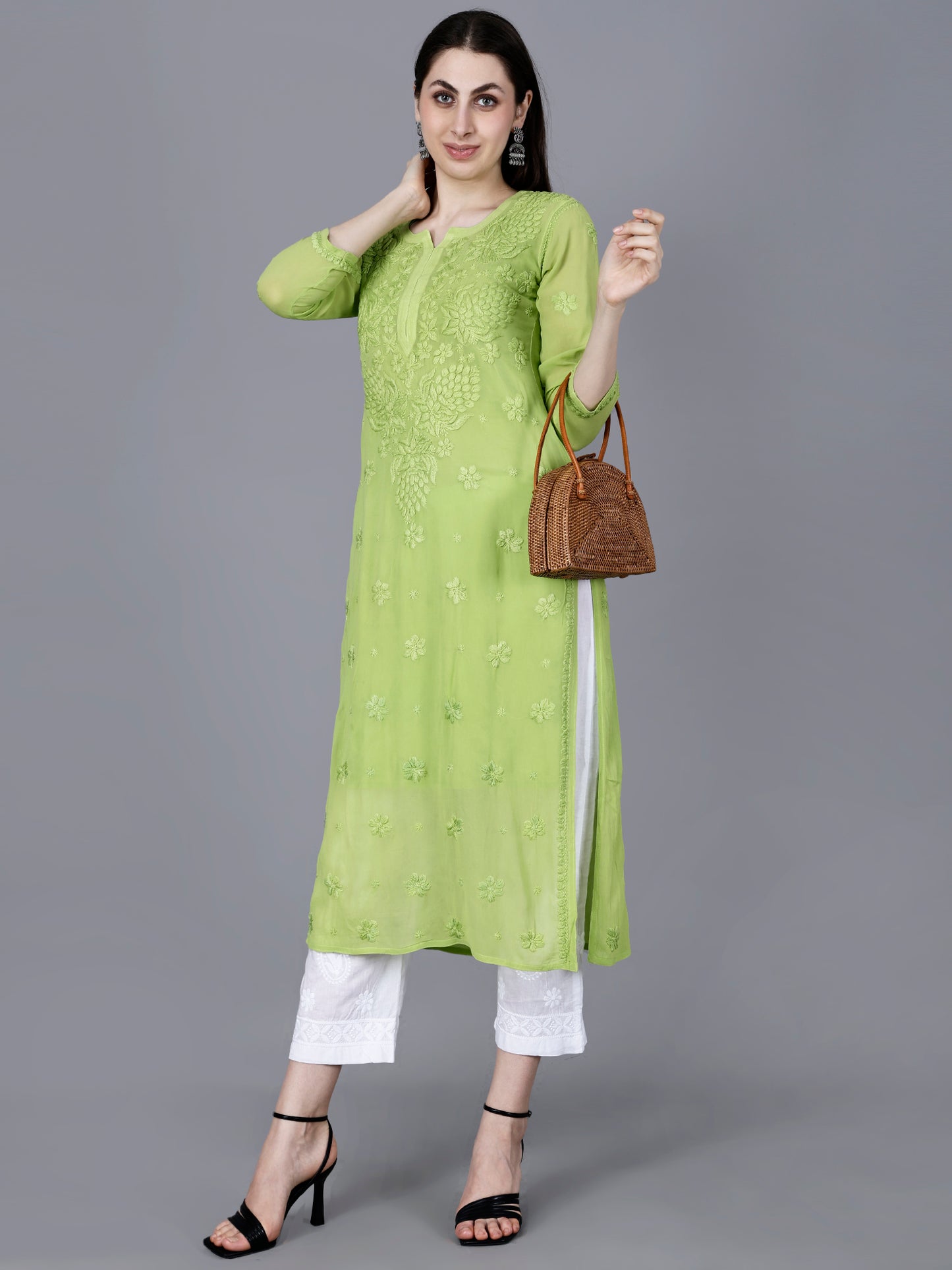 "The Chikankari Story"Chikankari Hand Embroidered Long Kurti in Pure Viscose with 3D Work – Traditional Meets Modern Elegance.