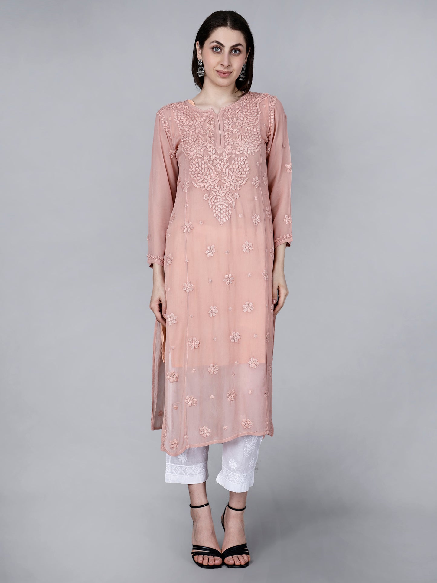 "The Chikankari Story"Chikankari Hand Embroidered Long Kurti in Pure Viscose with 3D Work – Traditional Meets Modern Elegance.
