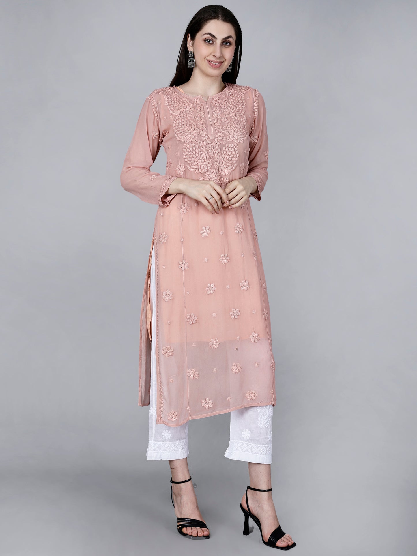 "The Chikankari Story"Chikankari Hand Embroidered Long Kurti in Pure Viscose with 3D Work – Traditional Meets Modern Elegance.