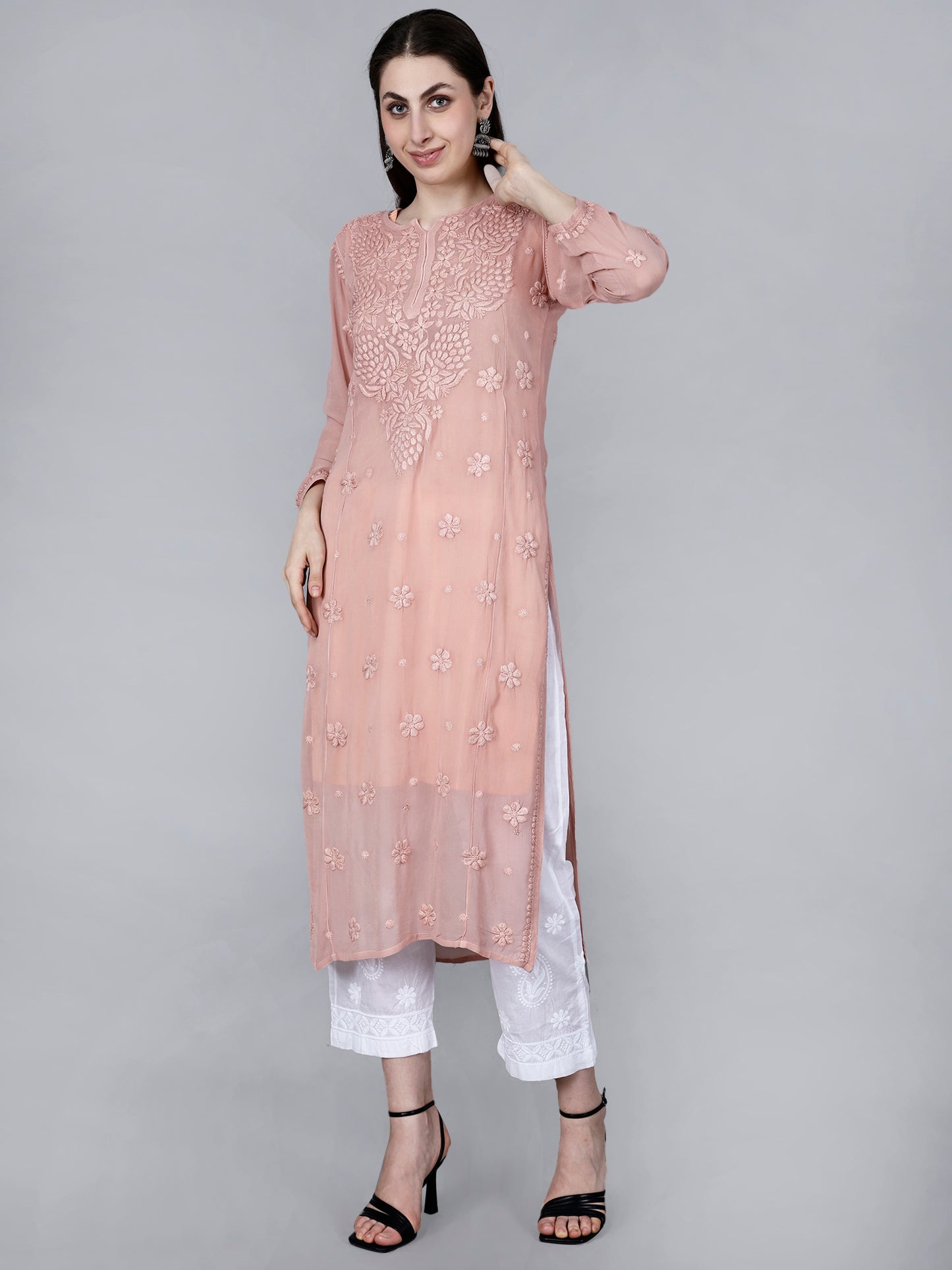 "The Chikankari Story"Chikankari Hand Embroidered Long Kurti in Pure Viscose with 3D Work – Traditional Meets Modern Elegance.