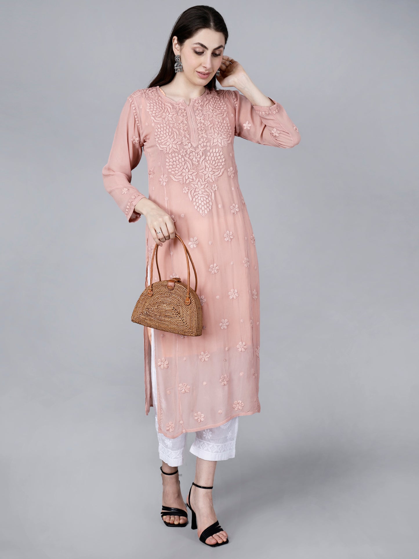 "The Chikankari Story"Chikankari Hand Embroidered Long Kurti in Pure Viscose with 3D Work – Traditional Meets Modern Elegance.