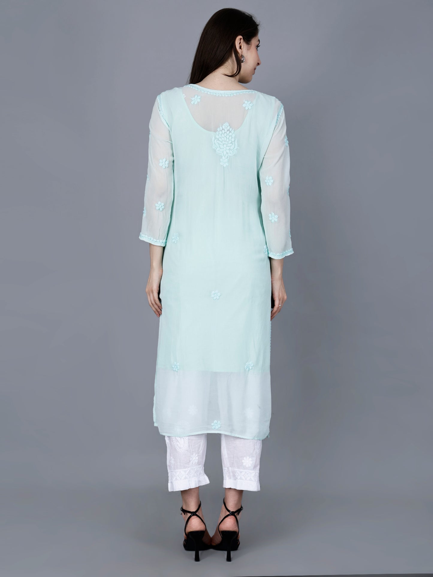 "The Chikankari Story"Chikankari Hand Embroidered Long Kurti in Pure Viscose with 3D Work – Traditional Meets Modern Elegance.