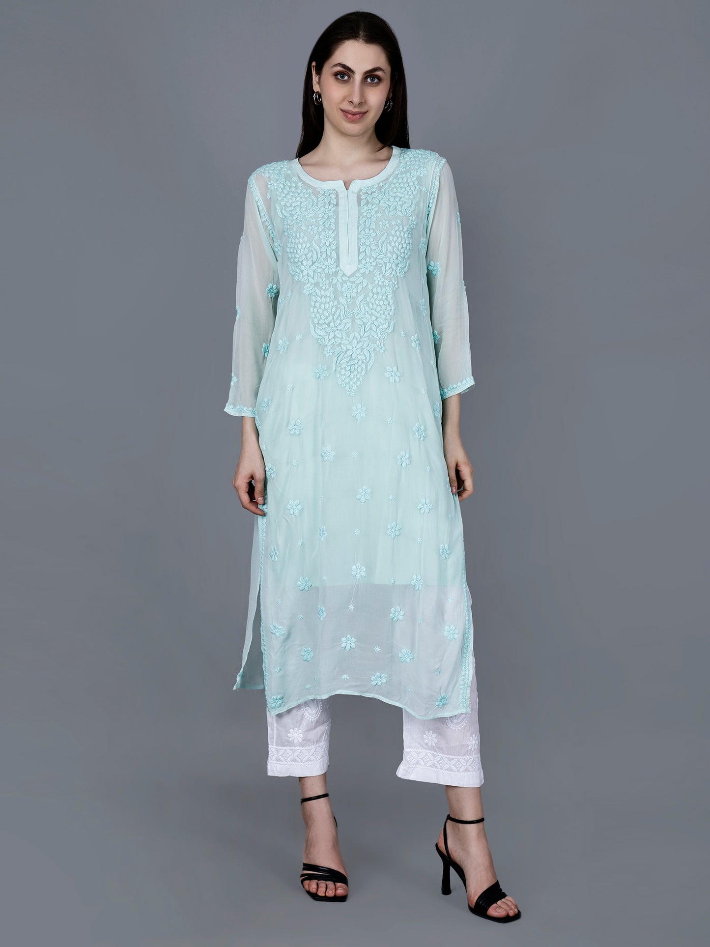 "The Chikankari Story"Chikankari Hand Embroidered Long Kurti in Pure Viscose with 3D Work – Traditional Meets Modern Elegance.