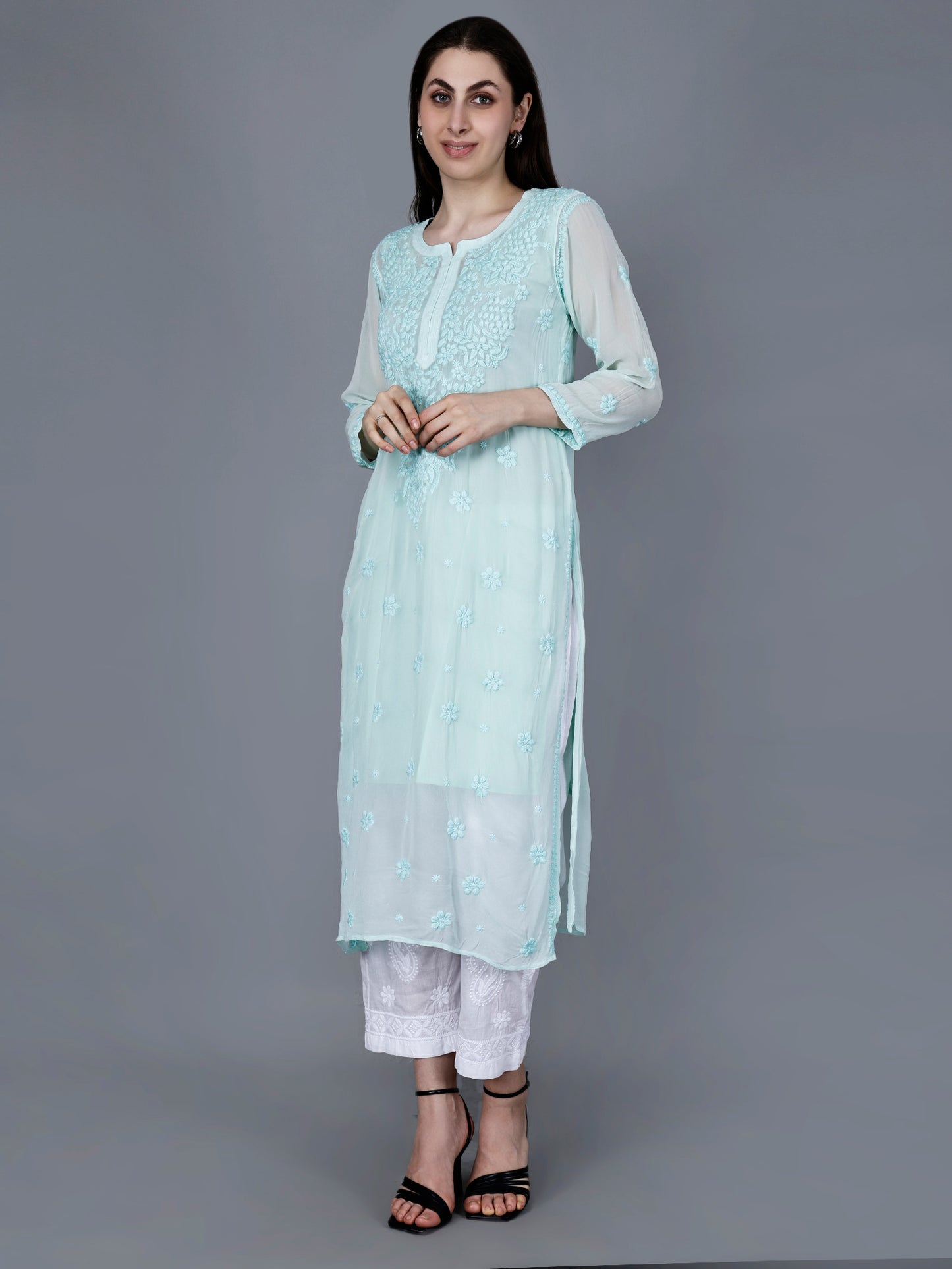 "The Chikankari Story"Chikankari Hand Embroidered Long Kurti in Pure Viscose with 3D Work – Traditional Meets Modern Elegance.