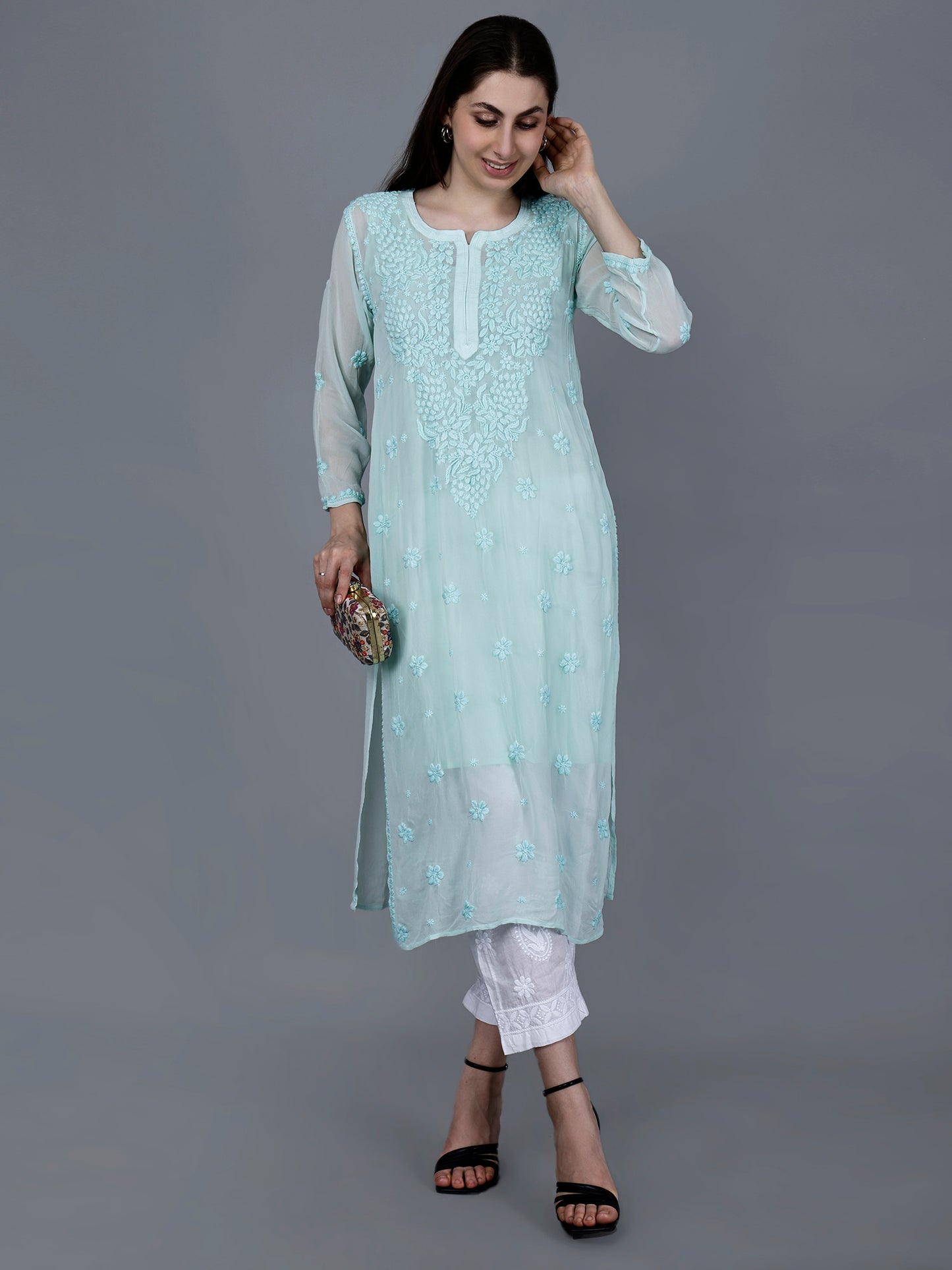 "The Chikankari Story"Chikankari Hand Embroidered Long Kurti in Pure Viscose with 3D Work – Traditional Meets Modern Elegance.