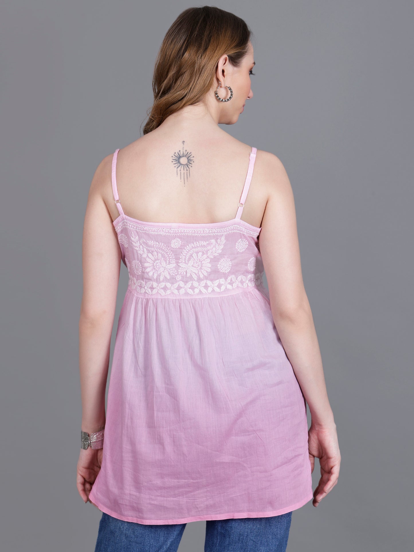The Chikankari Story Handcrafted Sleeveless Chikankari Mul Cotton Top with Intricate White Floral Embroidery in Ombre Shades – Light Blue, Sea Green, Light Peach, Light Purple, Light Pink & Light Yellow.