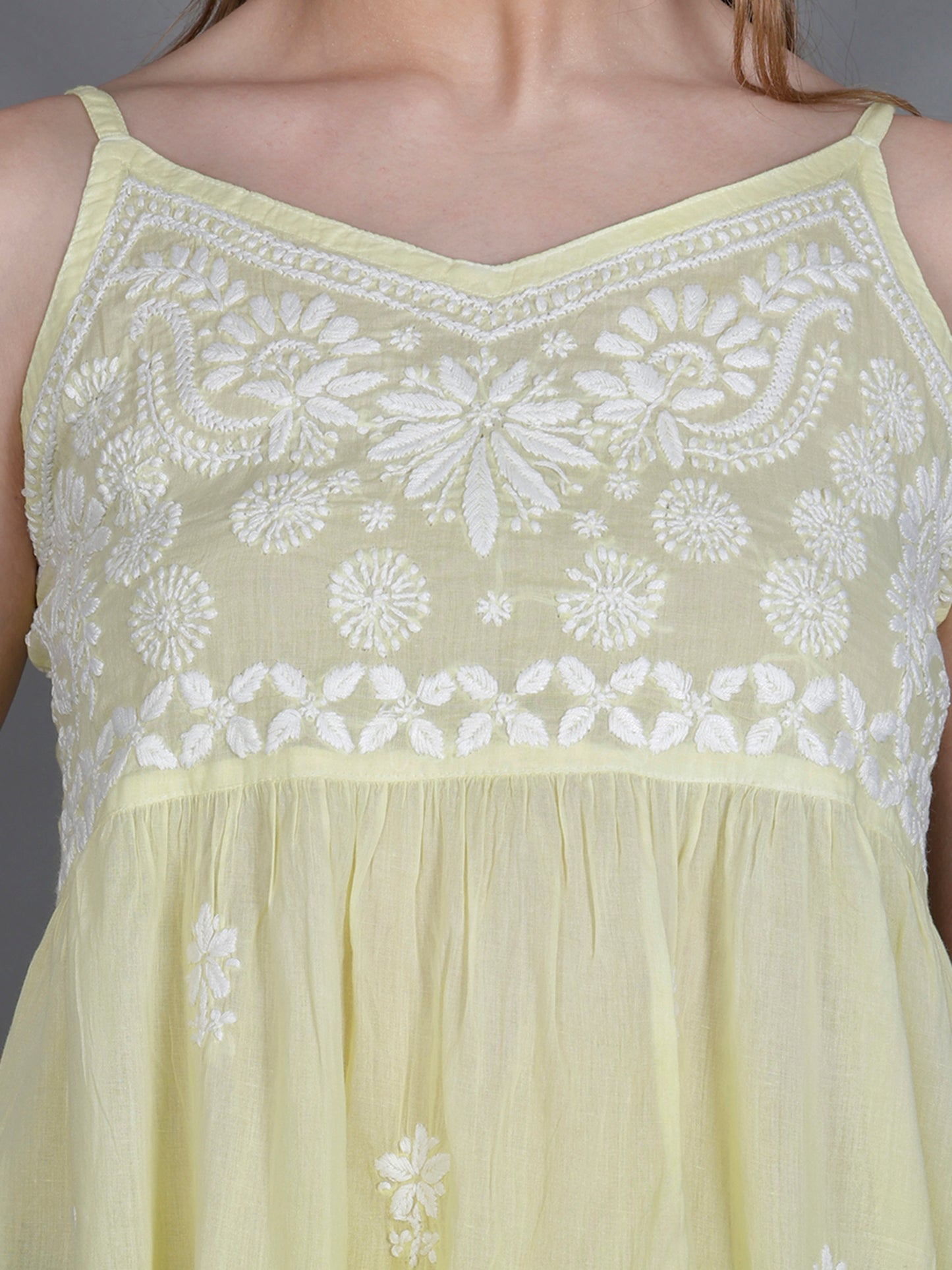 The Chikankari Story Handcrafted Sleeveless Chikankari Mul Cotton Top with Intricate White Floral Embroidery in Ombre Shades – Light Blue, Sea Green, Light Peach, Light Purple, Light Pink & Light Yellow.