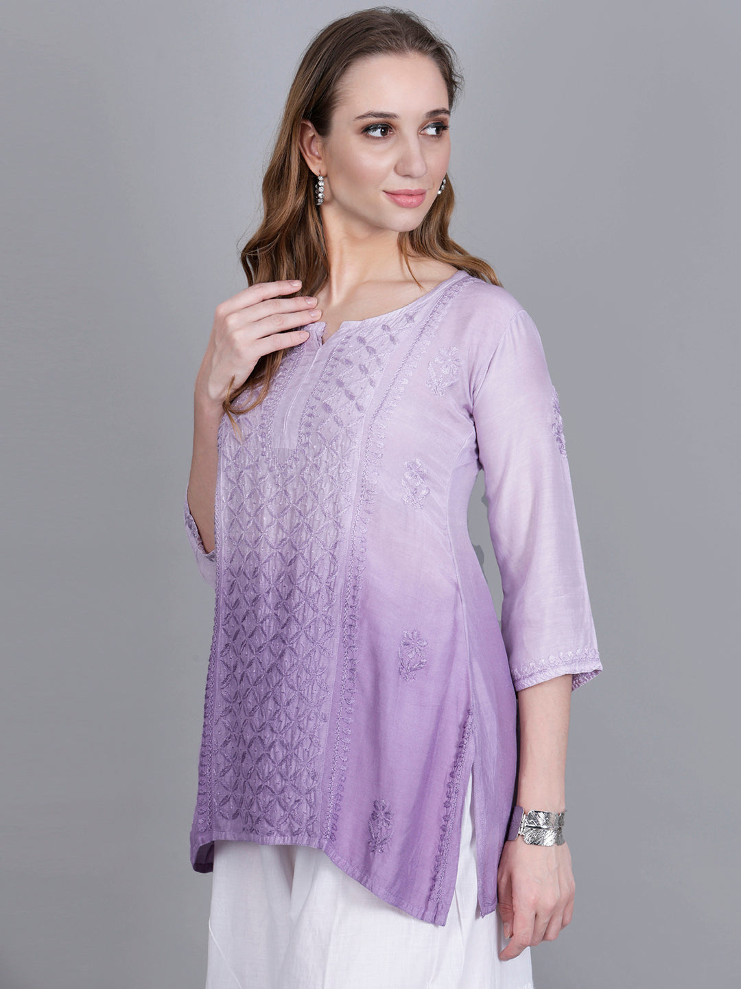 The Chikankari Story Women’s Hand-Embroidered Short Kurti with Fine Lucknowi Panel Work – Ombre Shades in Purple, Green, Brown, Powder Blue & Onion Red.