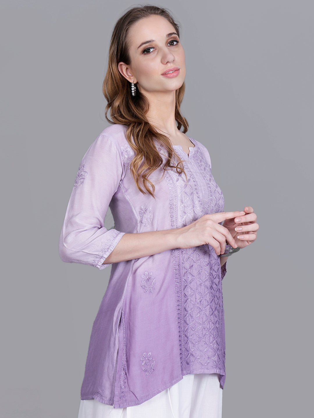The Chikankari Story Women’s Hand-Embroidered Short Kurti with Fine Lucknowi Panel Work – Ombre Shades in Purple, Green, Brown, Powder Blue & Onion Red.