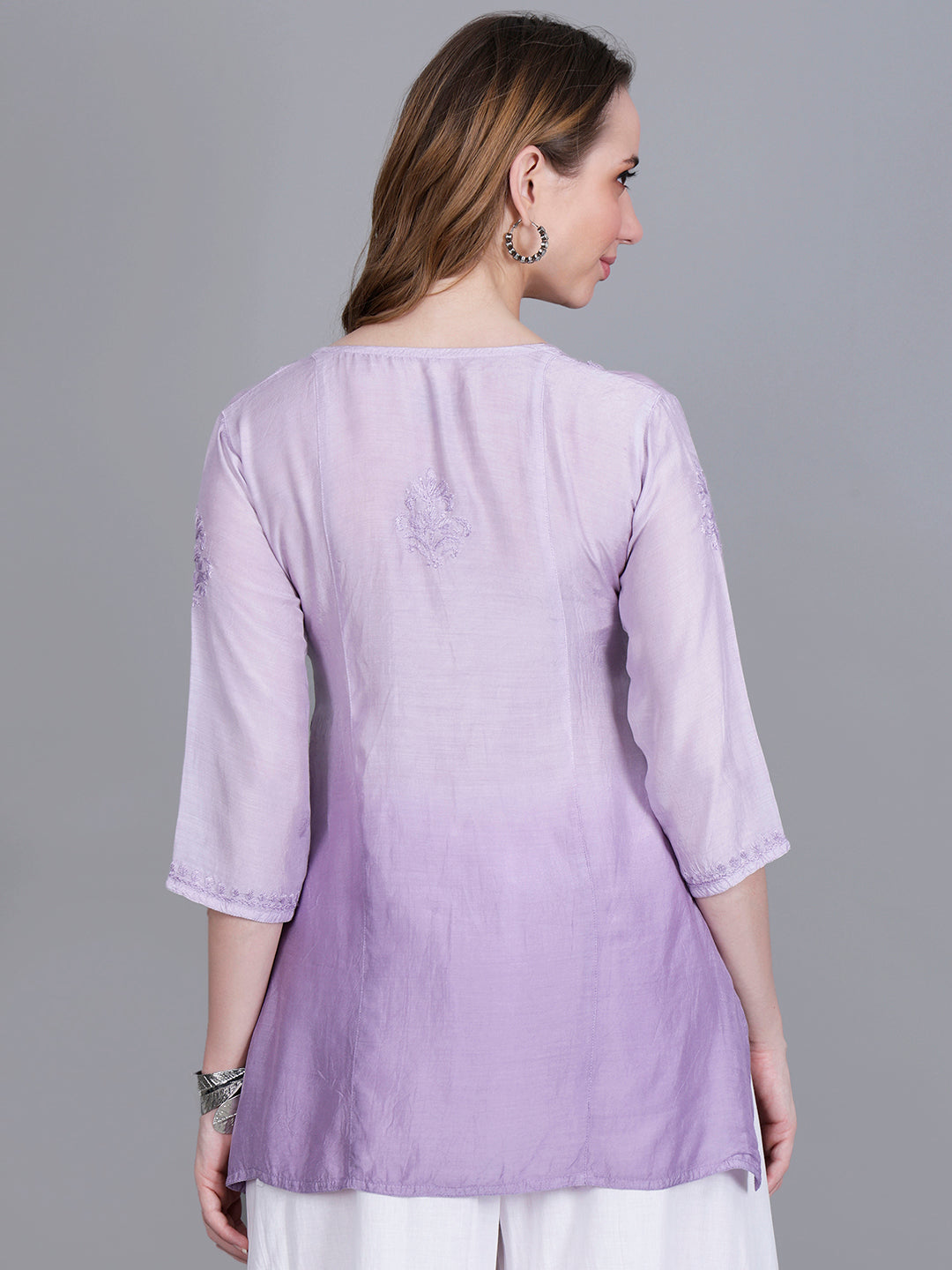 The Chikankari Story Women’s Hand-Embroidered Short Kurti with Fine Lucknowi Panel Work – Ombre Shades in Purple, Green, Brown, Powder Blue & Onion Red.