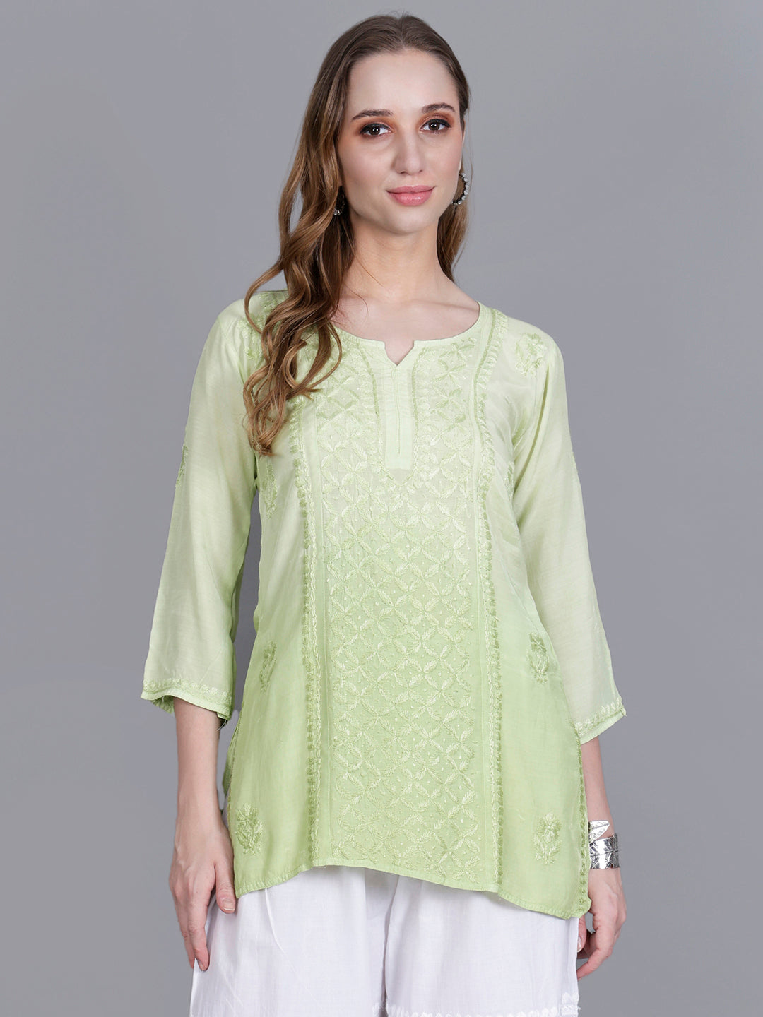 The Chikankari Story Women’s Hand-Embroidered Short Kurti with Fine Lucknowi Panel Work – Ombre Shades in Purple, Green, Brown, Powder Blue & Onion Red.