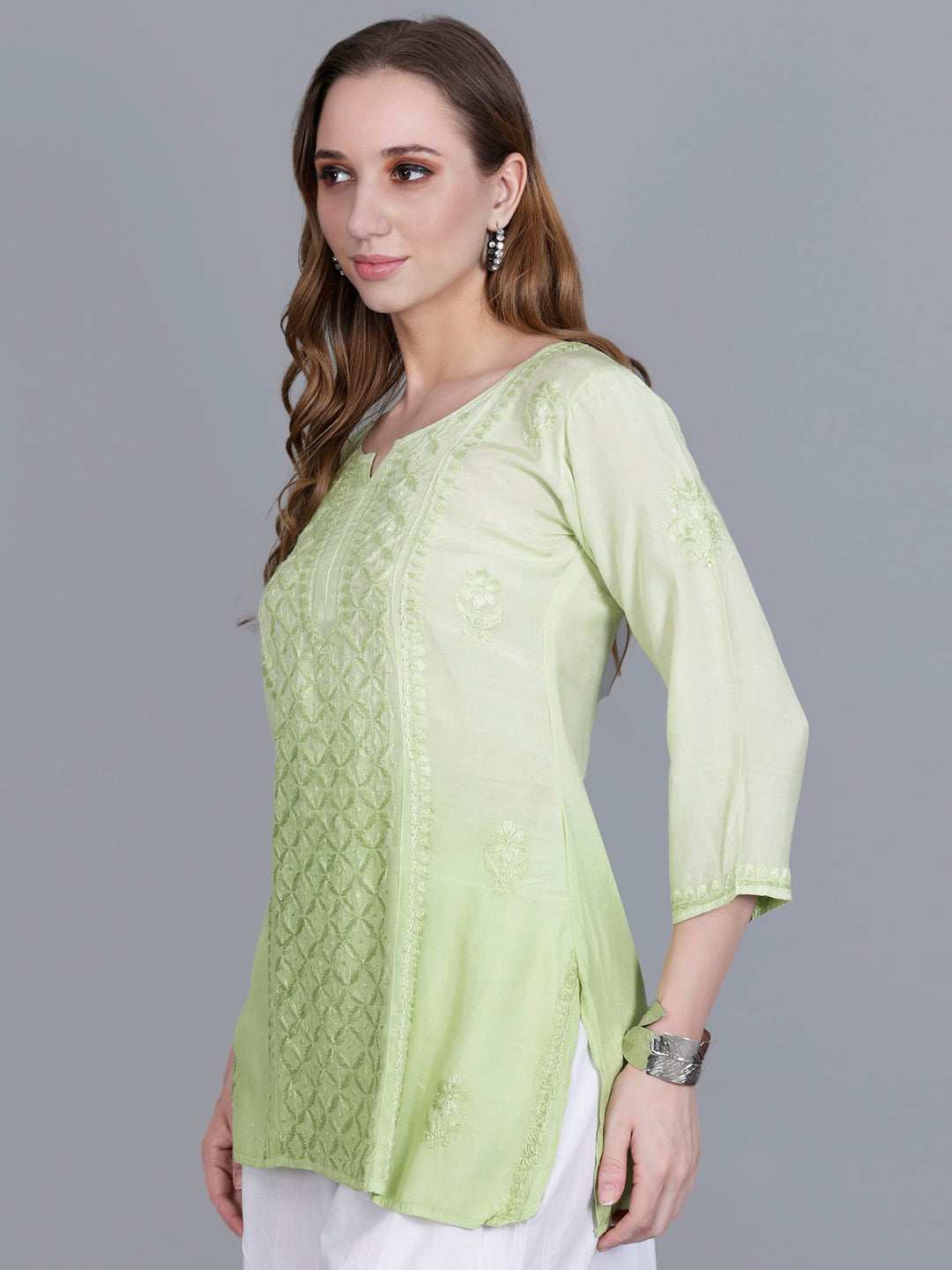 The Chikankari Story Women’s Hand-Embroidered Short Kurti with Fine Lucknowi Panel Work – Ombre Shades in Purple, Green, Brown, Powder Blue & Onion Red.