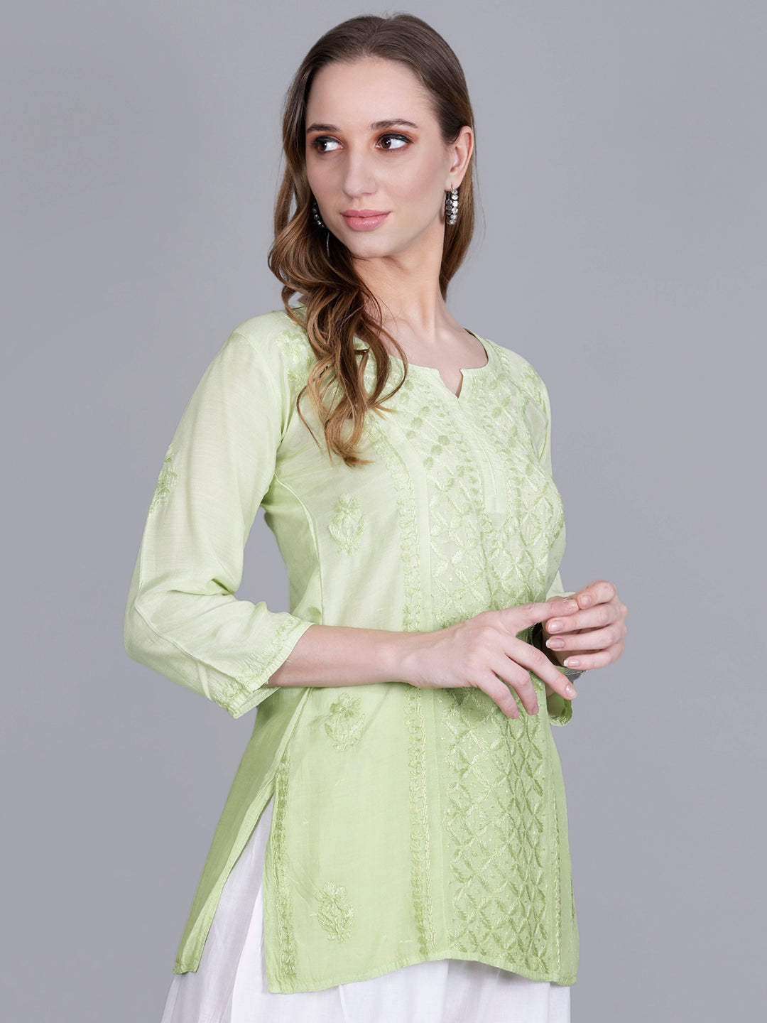 The Chikankari Story Women’s Hand-Embroidered Short Kurti with Fine Lucknowi Panel Work – Ombre Shades in Purple, Green, Brown, Powder Blue & Onion Red.