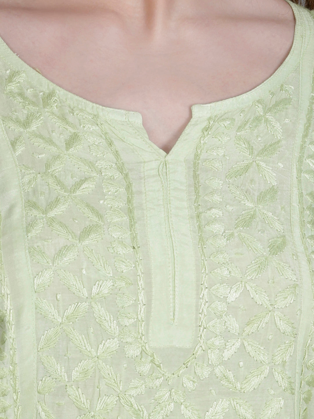 The Chikankari Story Women’s Hand-Embroidered Short Kurti with Fine Lucknowi Panel Work – Ombre Shades in Purple, Green, Brown, Powder Blue & Onion Red.
