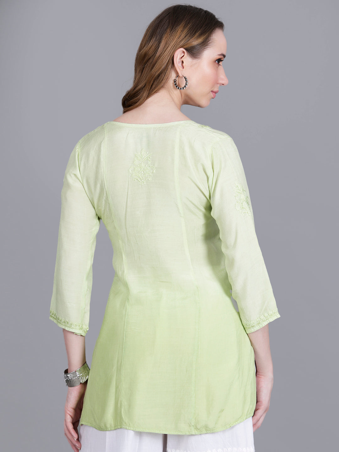 The Chikankari Story Women’s Hand-Embroidered Short Kurti with Fine Lucknowi Panel Work – Ombre Shades in Purple, Green, Brown, Powder Blue & Onion Red.