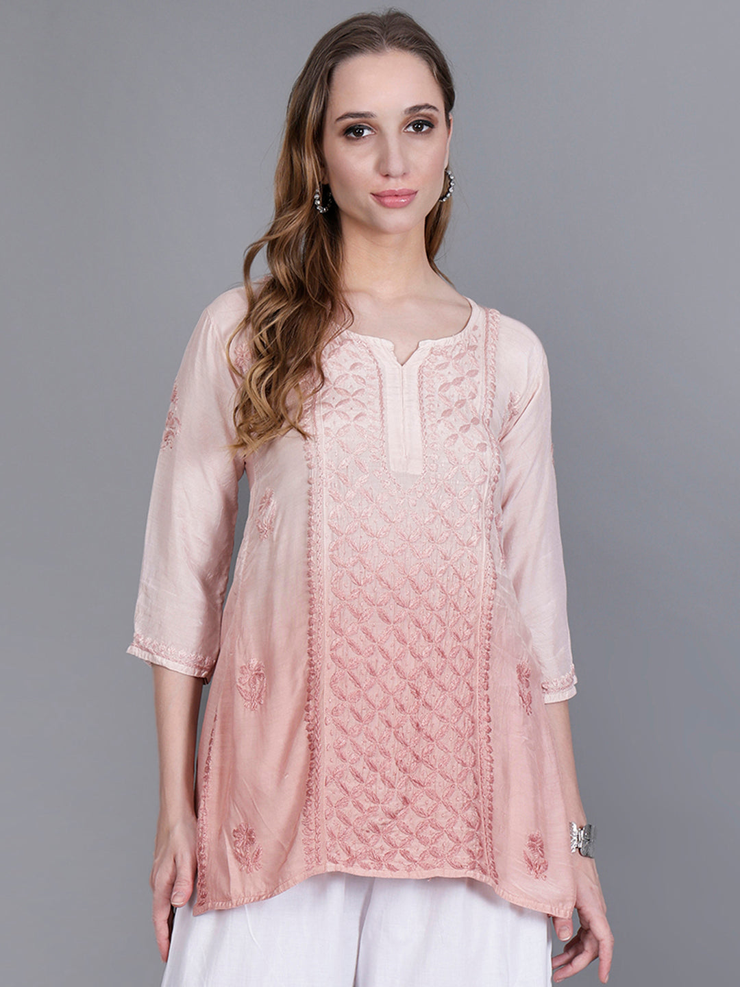 The Chikankari Story Women’s Hand-Embroidered Short Kurti with Fine Lucknowi Panel Work – Ombre Shades in Purple, Green, Brown, Powder Blue & Onion Red.