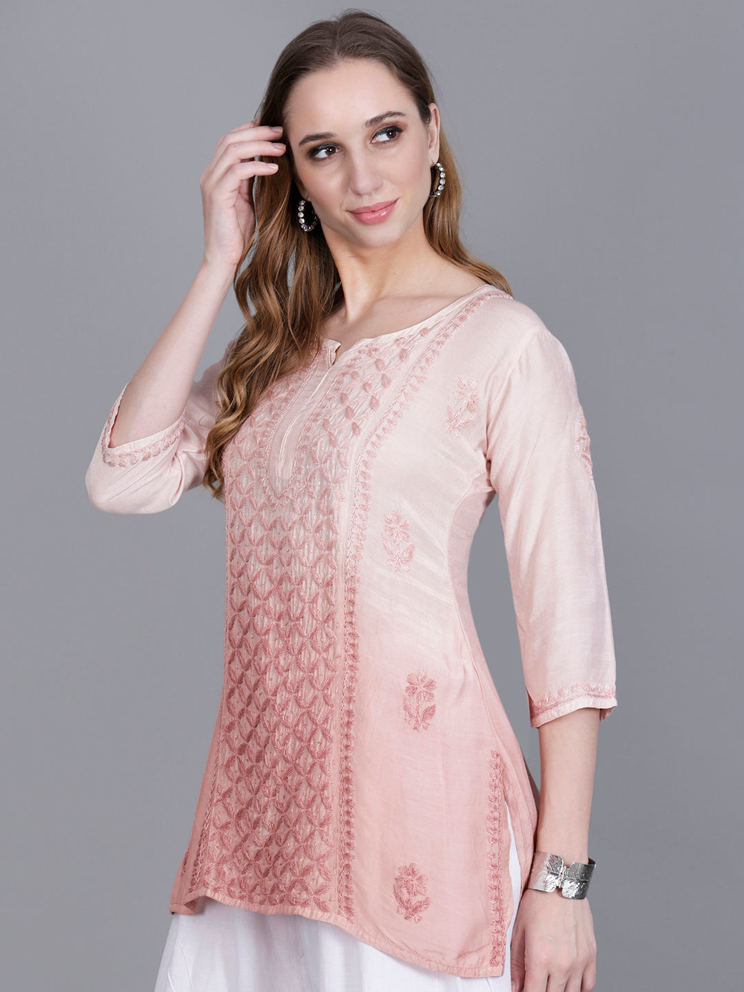 The Chikankari Story Women’s Hand-Embroidered Short Kurti with Fine Lucknowi Panel Work – Ombre Shades in Purple, Green, Brown, Powder Blue & Onion Red.