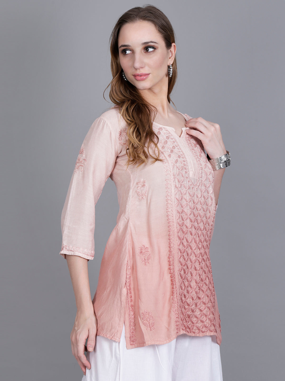 The Chikankari Story Women’s Hand-Embroidered Short Kurti with Fine Lucknowi Panel Work – Ombre Shades in Purple, Green, Brown, Powder Blue & Onion Red.