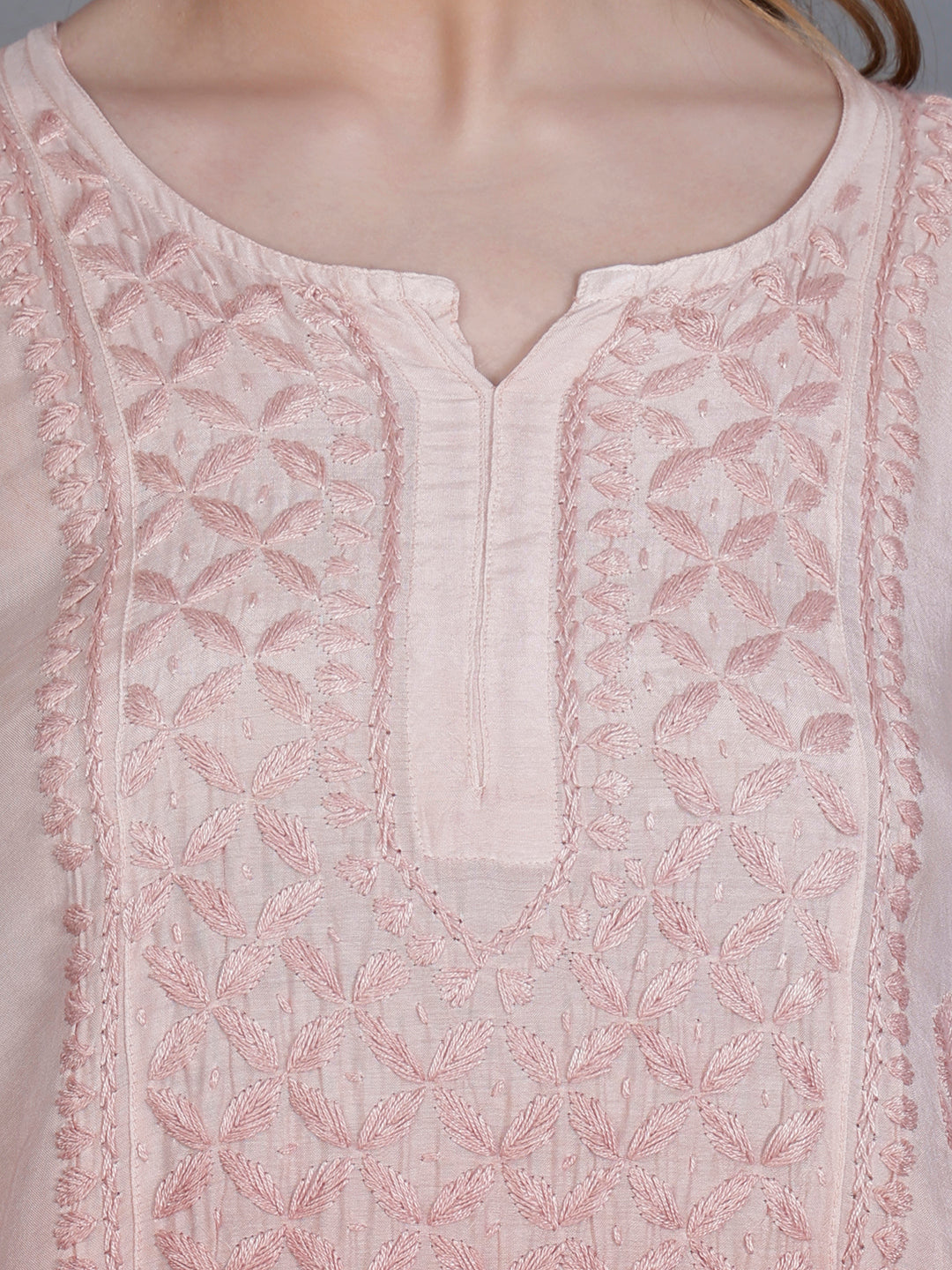 The Chikankari Story Women’s Hand-Embroidered Short Kurti with Fine Lucknowi Panel Work – Ombre Shades in Purple, Green, Brown, Powder Blue & Onion Red.