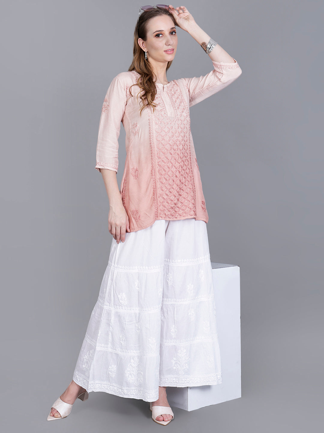 The Chikankari Story Women’s Hand-Embroidered Short Kurti with Fine Lucknowi Panel Work – Ombre Shades in Purple, Green, Brown, Powder Blue & Onion Red.