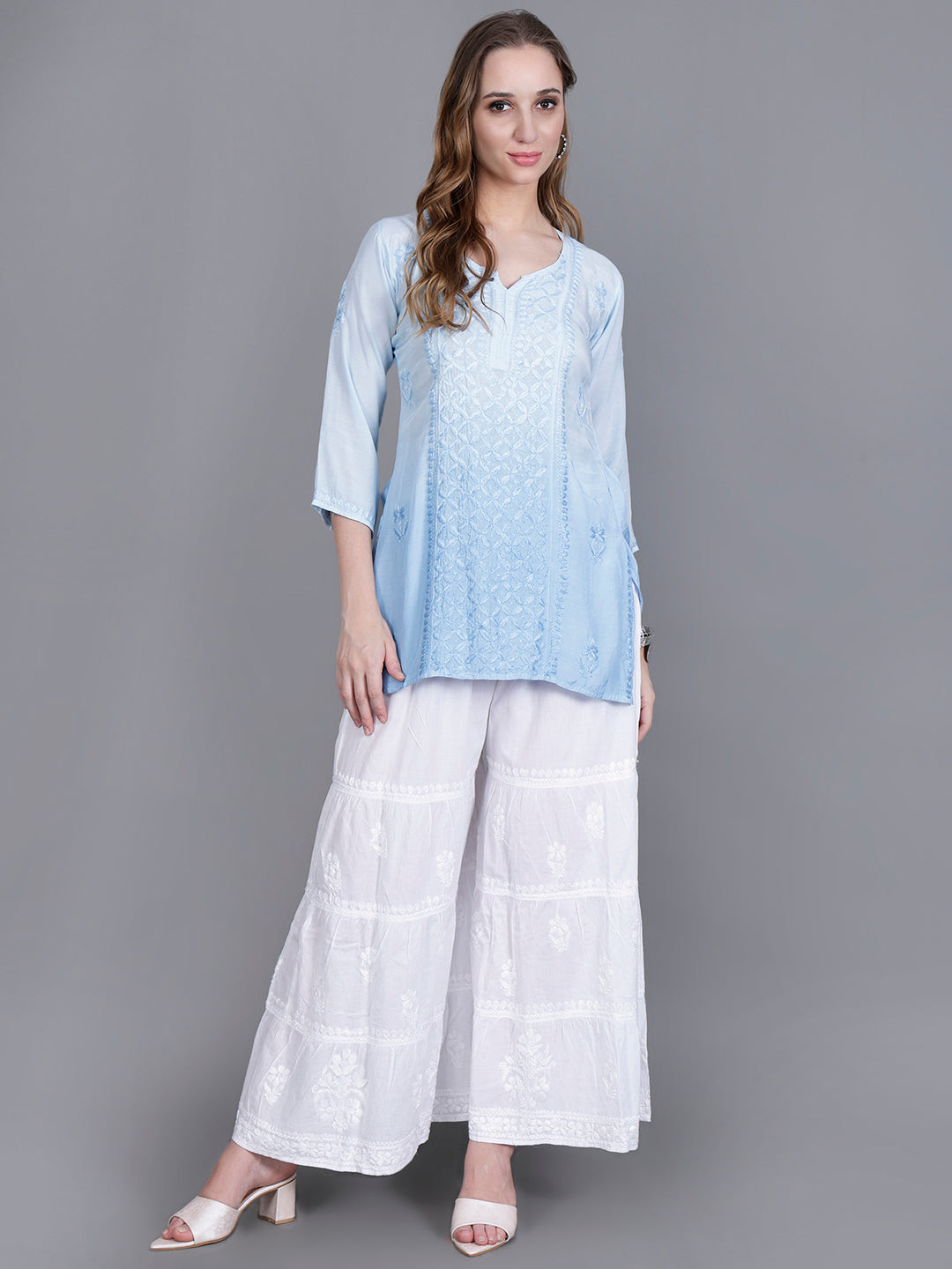 The Chikankari Story Women’s Hand-Embroidered Short Kurti with Fine Lucknowi Panel Work – Ombre Shades in Purple, Green, Brown, Powder Blue & Onion Red.