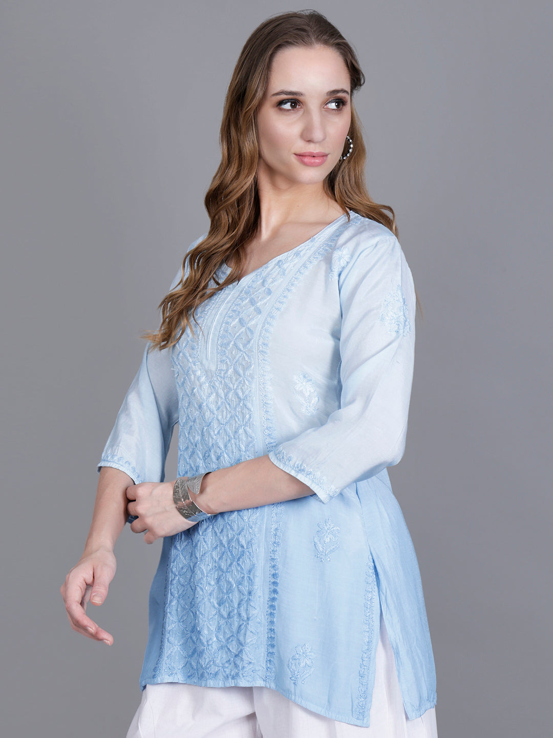 The Chikankari Story Women’s Hand-Embroidered Short Kurti with Fine Lucknowi Panel Work – Ombre Shades in Purple, Green, Brown, Powder Blue & Onion Red.