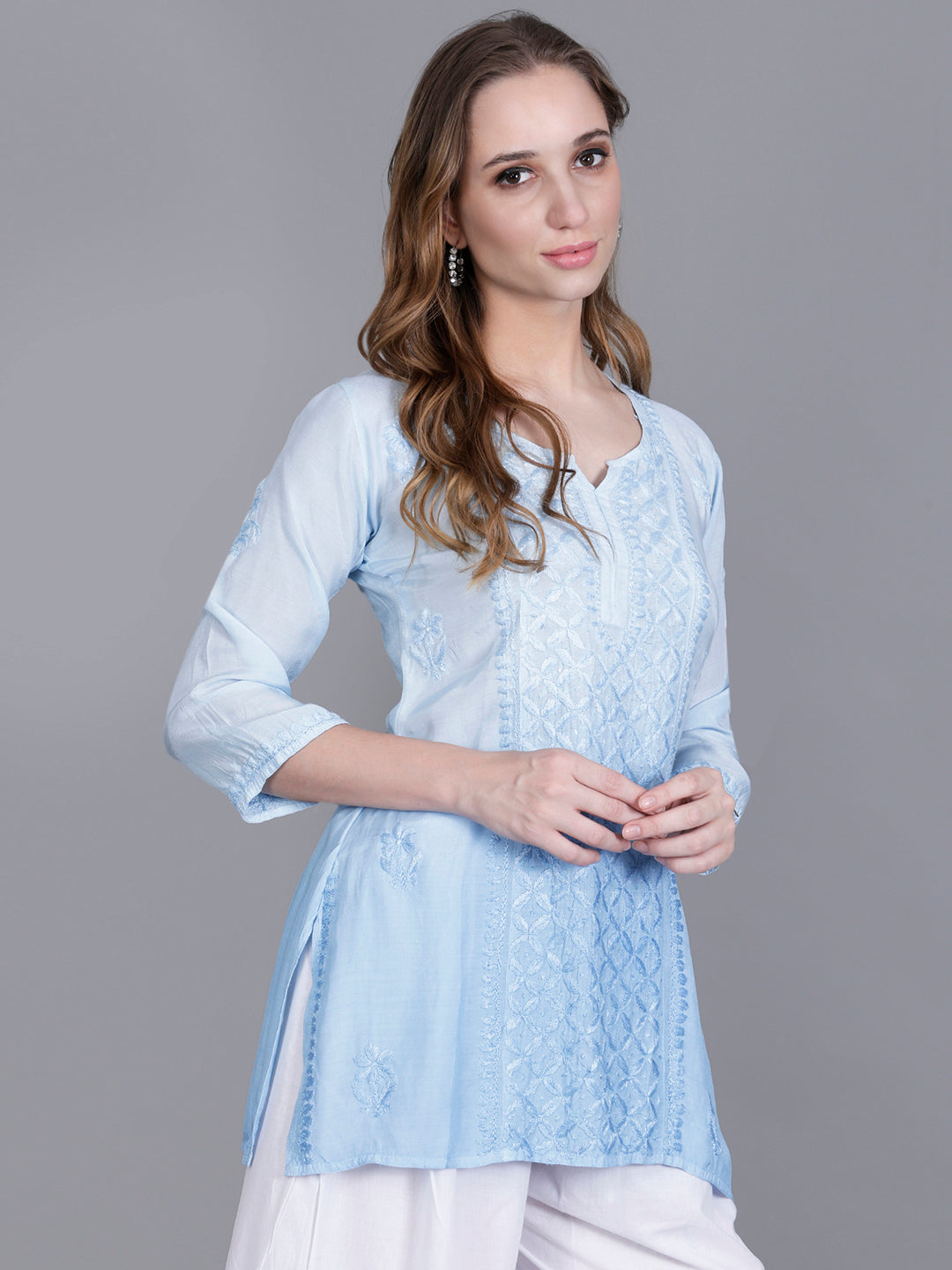 The Chikankari Story Women’s Hand-Embroidered Short Kurti with Fine Lucknowi Panel Work – Ombre Shades in Purple, Green, Brown, Powder Blue & Onion Red.