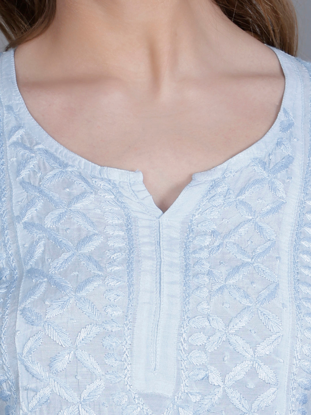 The Chikankari Story Women’s Hand-Embroidered Short Kurti with Fine Lucknowi Panel Work – Ombre Shades in Purple, Green, Brown, Powder Blue & Onion Red.