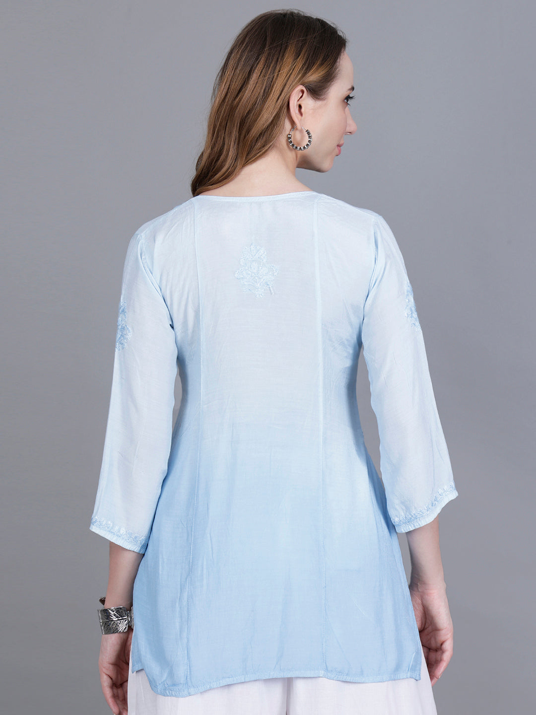 The Chikankari Story Women’s Hand-Embroidered Short Kurti with Fine Lucknowi Panel Work – Ombre Shades in Purple, Green, Brown, Powder Blue & Onion Red.
