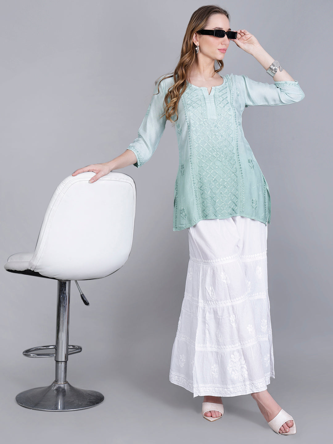 The Chikankari Story Women’s Hand-Embroidered Short Kurti with Fine Lucknowi Panel Work – Ombre Shades in Purple, Green, Brown, Powder Blue & Onion Red.