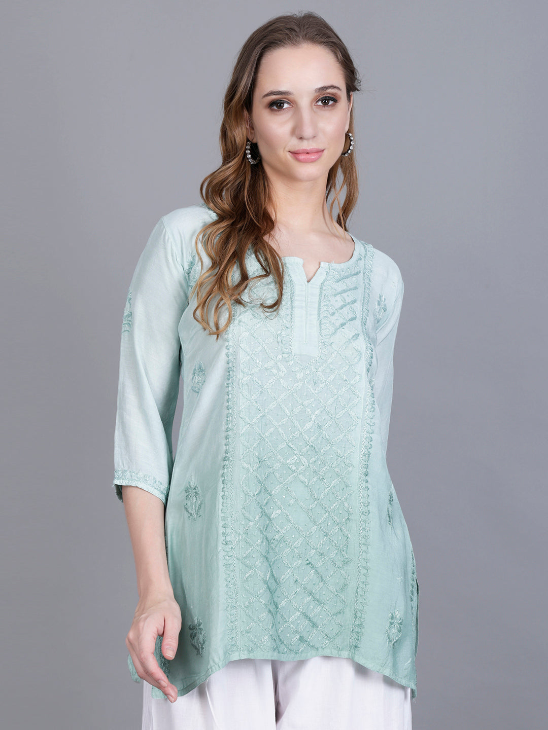 The Chikankari Story Women’s Hand-Embroidered Short Kurti with Fine Lucknowi Panel Work – Ombre Shades in Purple, Green, Brown, Powder Blue & Onion Red.
