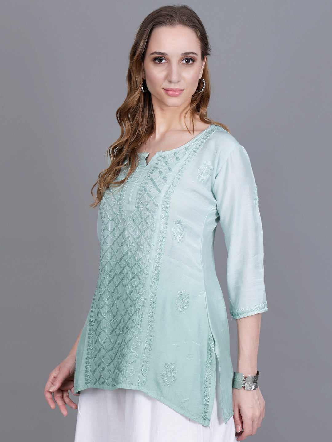 The Chikankari Story Women’s Hand-Embroidered Short Kurti with Fine Lucknowi Panel Work – Ombre Shades in Purple, Green, Brown, Powder Blue & Onion Red.