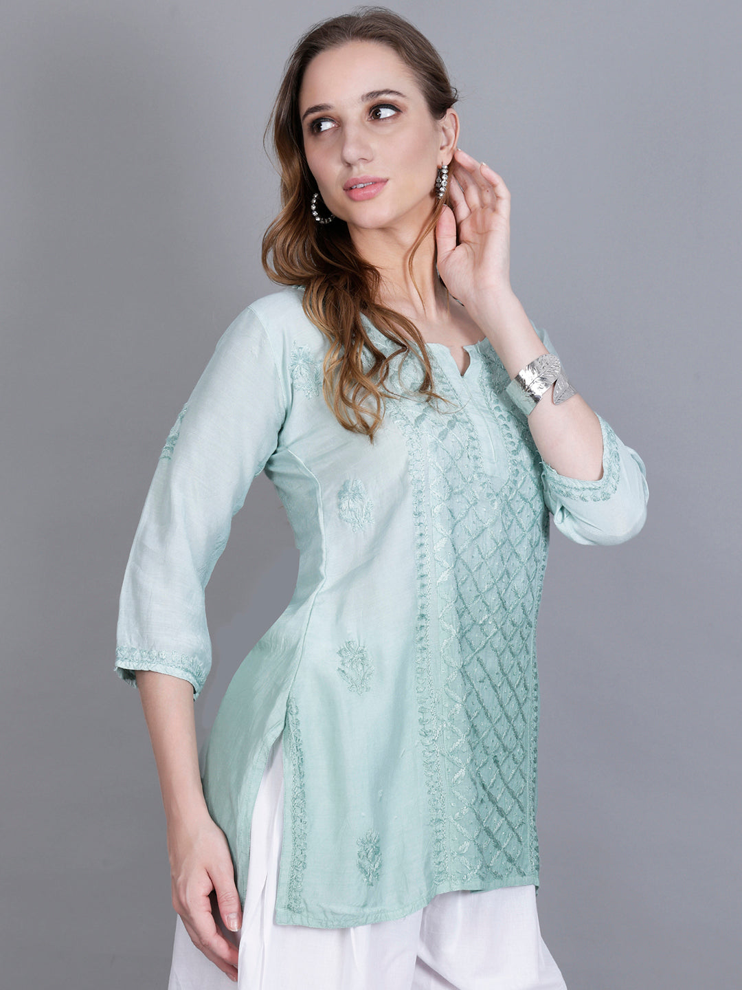 The Chikankari Story Women’s Hand-Embroidered Short Kurti with Fine Lucknowi Panel Work – Ombre Shades in Purple, Green, Brown, Powder Blue & Onion Red.