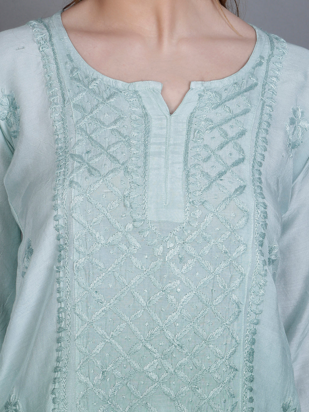 The Chikankari Story Women’s Hand-Embroidered Short Kurti with Fine Lucknowi Panel Work – Ombre Shades in Purple, Green, Brown, Powder Blue & Onion Red.