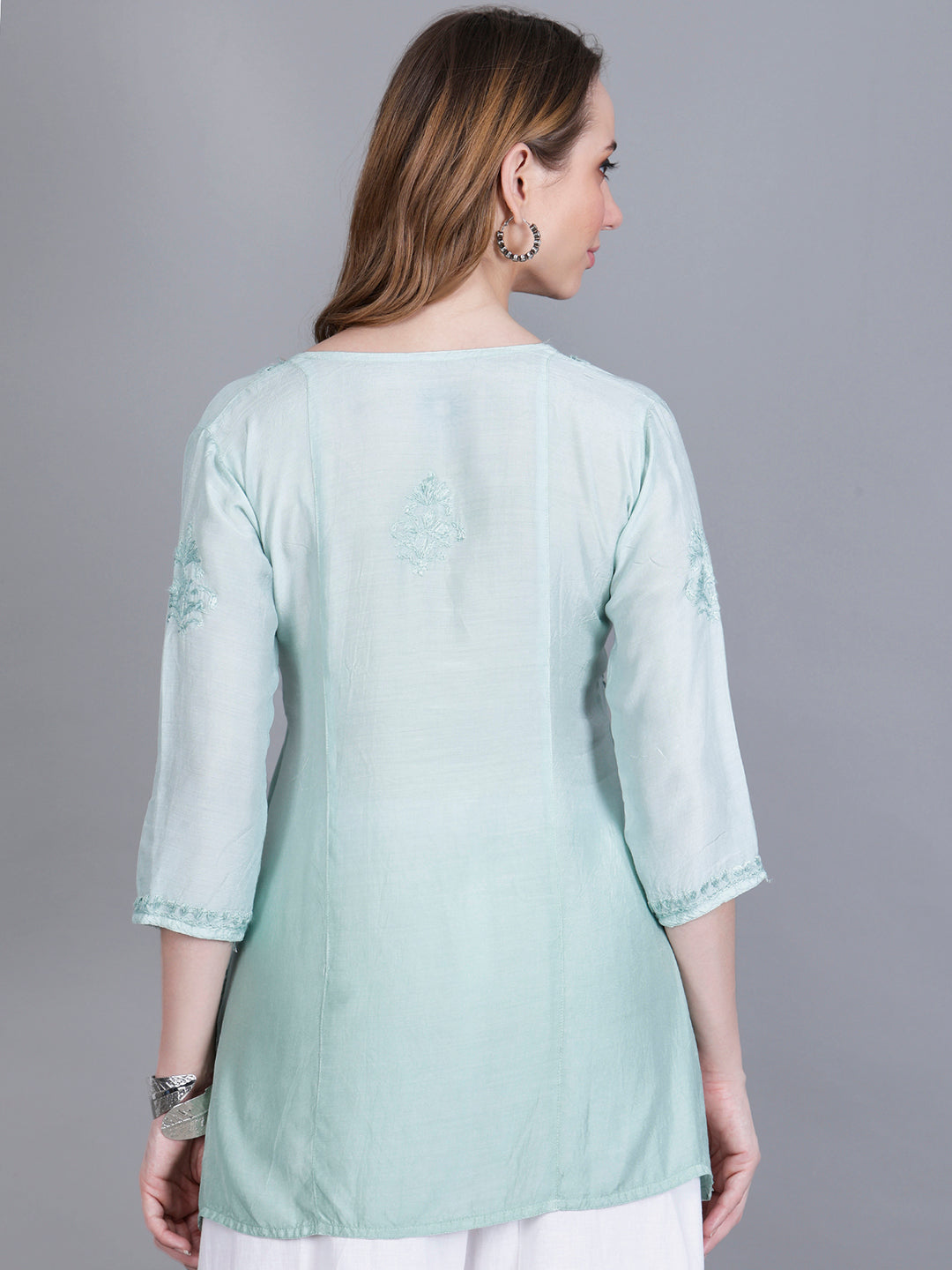 The Chikankari Story Women’s Hand-Embroidered Short Kurti with Fine Lucknowi Panel Work – Ombre Shades in Purple, Green, Brown, Powder Blue & Onion Red.