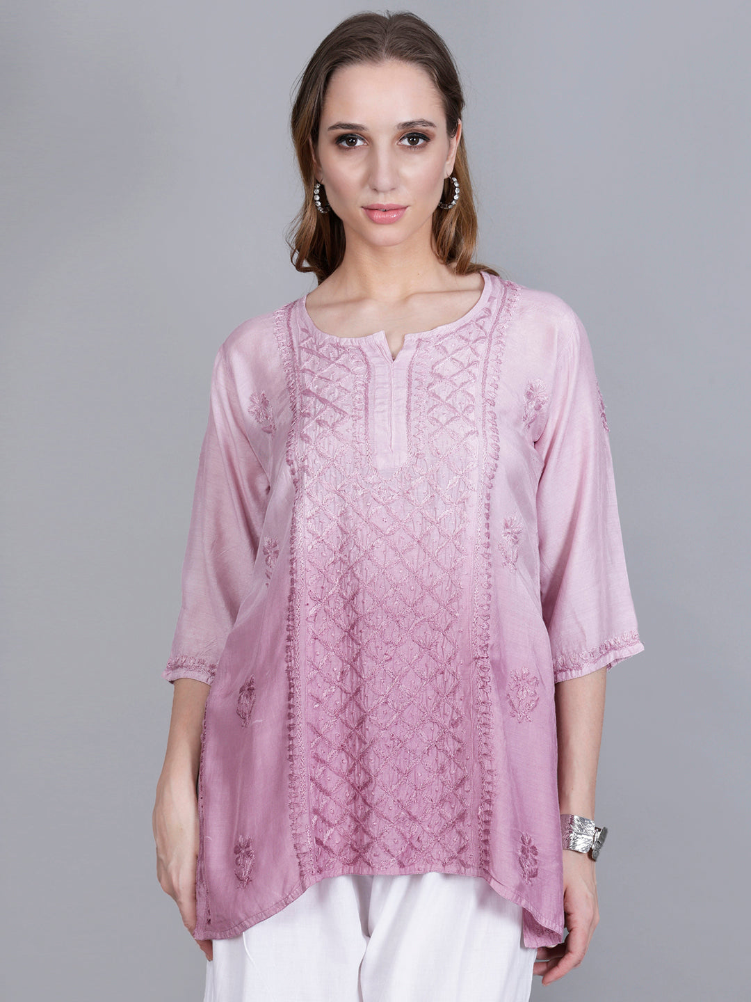 The Chikankari Story Women’s Hand-Embroidered Short Kurti with Fine Lucknowi Panel Work – Ombre Shades in Purple, Green, Brown, Powder Blue & Onion Red.