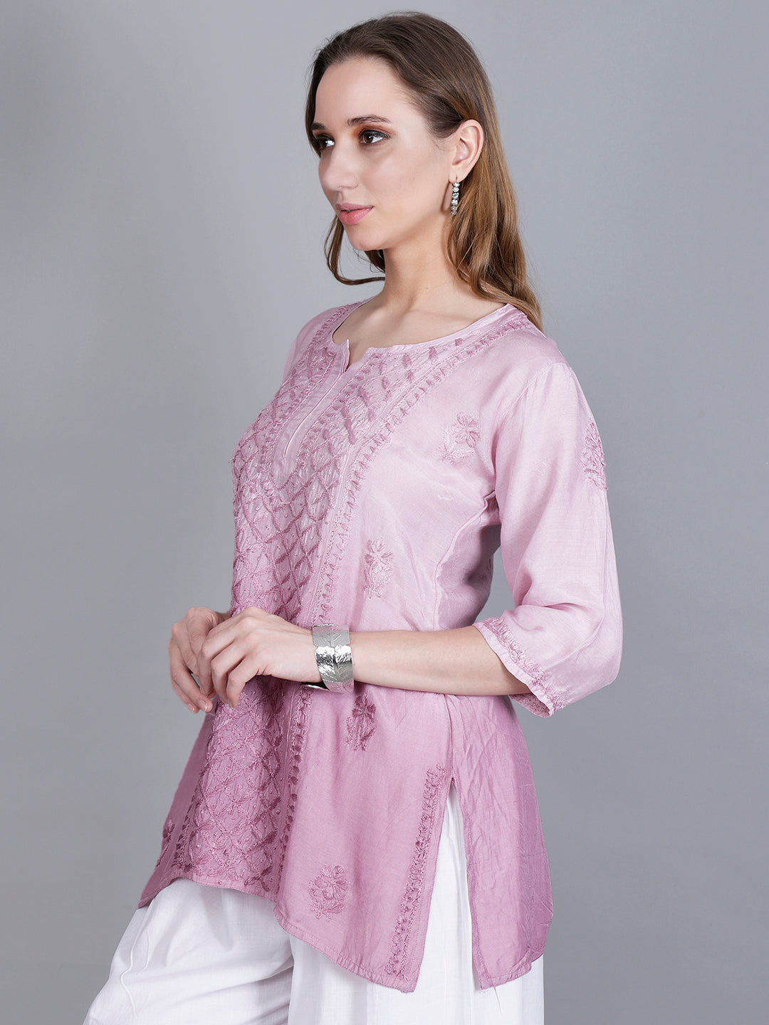The Chikankari Story Women’s Hand-Embroidered Short Kurti with Fine Lucknowi Panel Work – Ombre Shades in Purple, Green, Brown, Powder Blue & Onion Red.