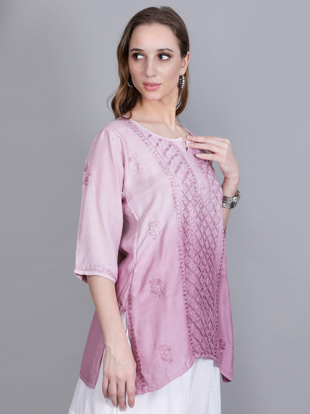 The Chikankari Story Women’s Hand-Embroidered Short Kurti with Fine Lucknowi Panel Work – Ombre Shades in Purple, Green, Brown, Powder Blue & Onion Red.
