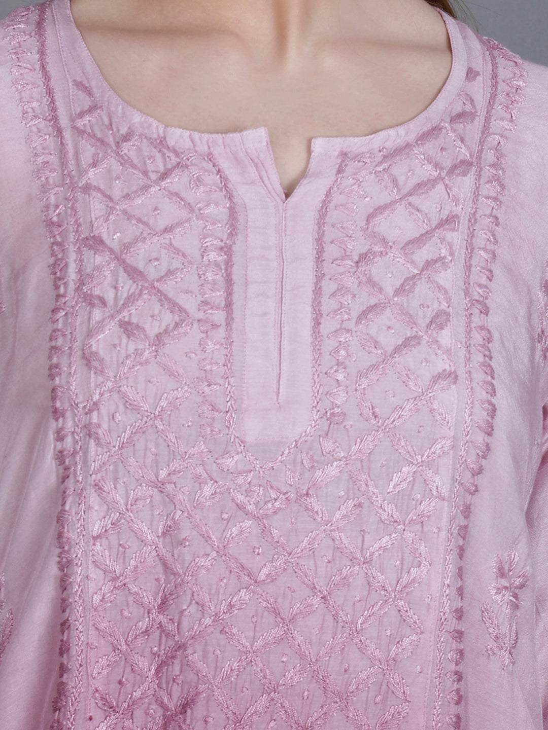 The Chikankari Story Women’s Hand-Embroidered Short Kurti with Fine Lucknowi Panel Work – Ombre Shades in Purple, Green, Brown, Powder Blue & Onion Red.