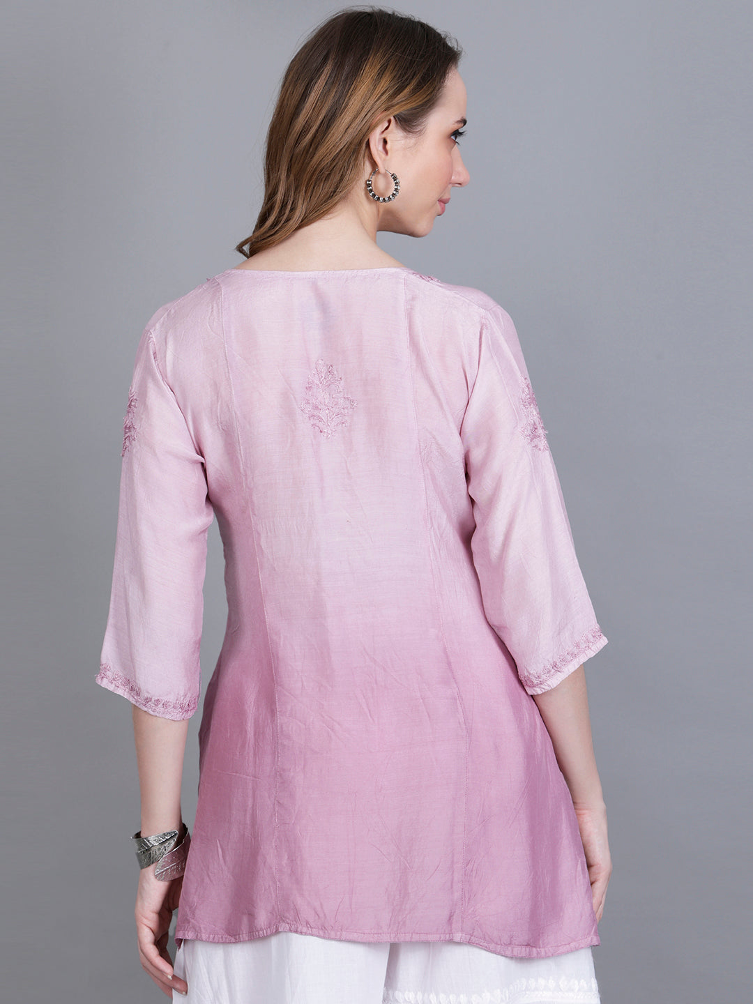 The Chikankari Story Women’s Hand-Embroidered Short Kurti with Fine Lucknowi Panel Work – Ombre Shades in Purple, Green, Brown, Powder Blue & Onion Red.