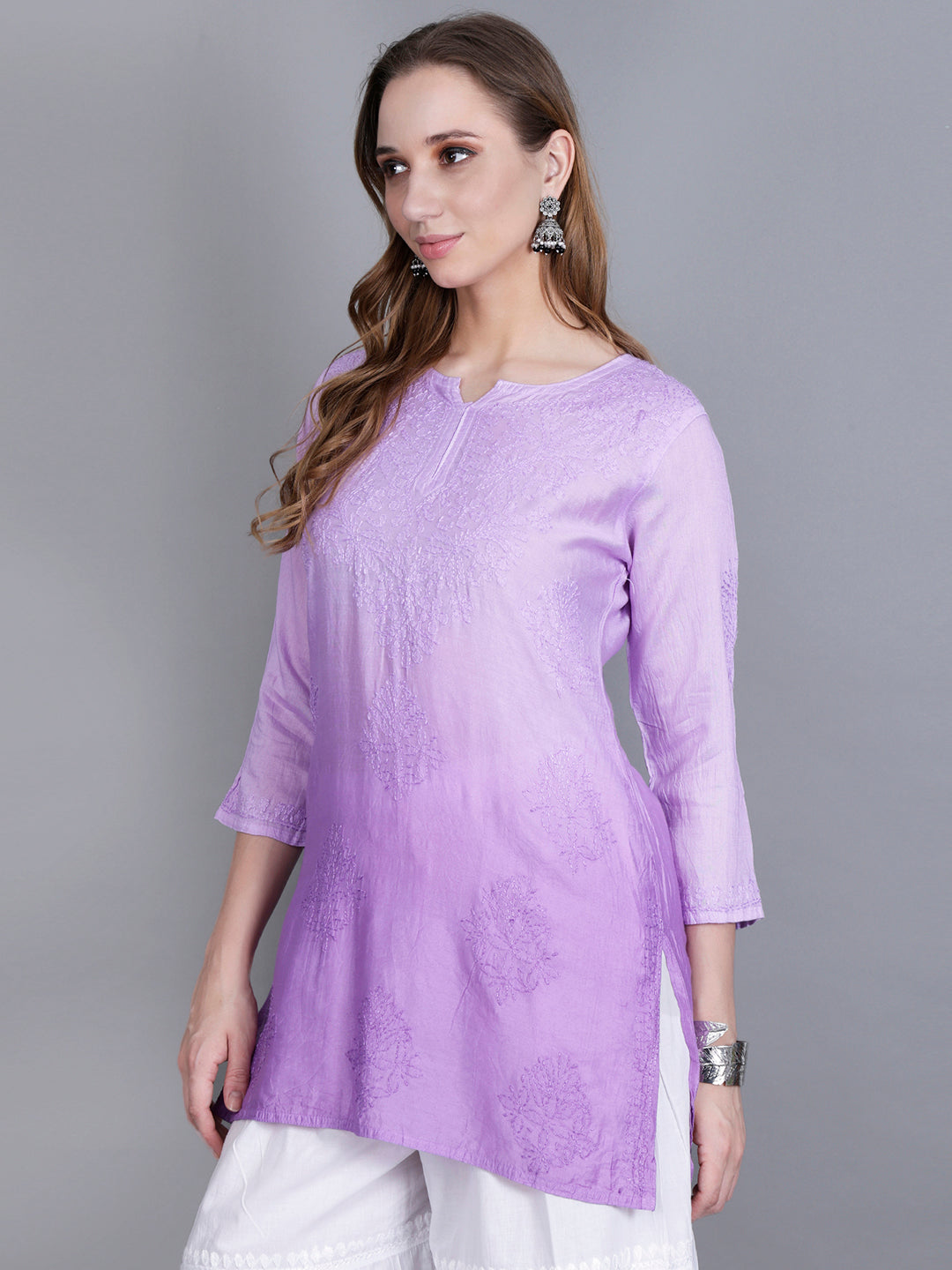 The Chikankari Story Women’s Hand-Embroidered Chanderi Chikankari Short Kurti – 3/4 Sleeve Straight Fit with Bakhhiya Work in Lilac, Pink, Grey, Powder Blue, Brown & Fire Red.
