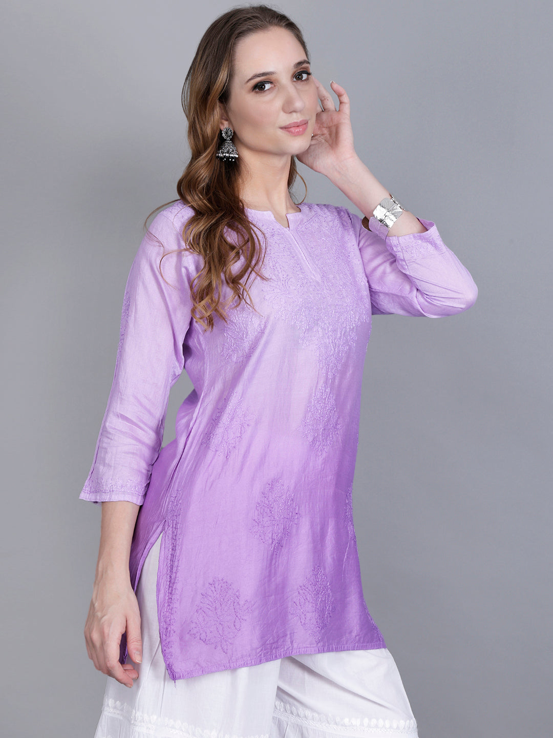 The Chikankari Story Women’s Hand-Embroidered Chanderi Chikankari Short Kurti – 3/4 Sleeve Straight Fit with Bakhhiya Work in Lilac, Pink, Grey, Powder Blue, Brown & Fire Red.