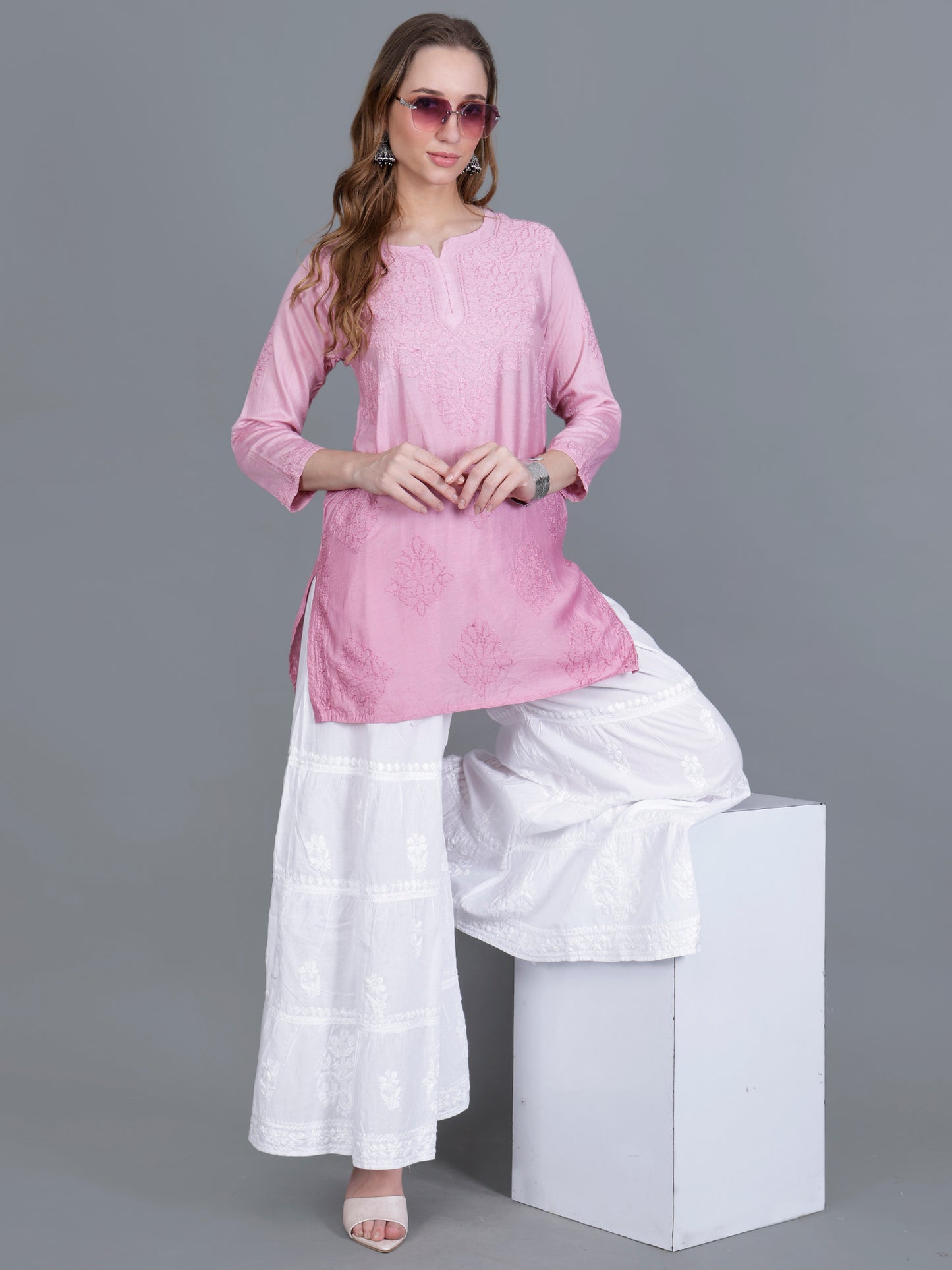 The Chikankari Story Women’s Hand-Embroidered Chanderi Chikankari Short Kurti – 3/4 Sleeve Straight Fit with Bakhhiya Work in Lilac, Pink, Grey, Powder Blue, Brown & Fire Red.