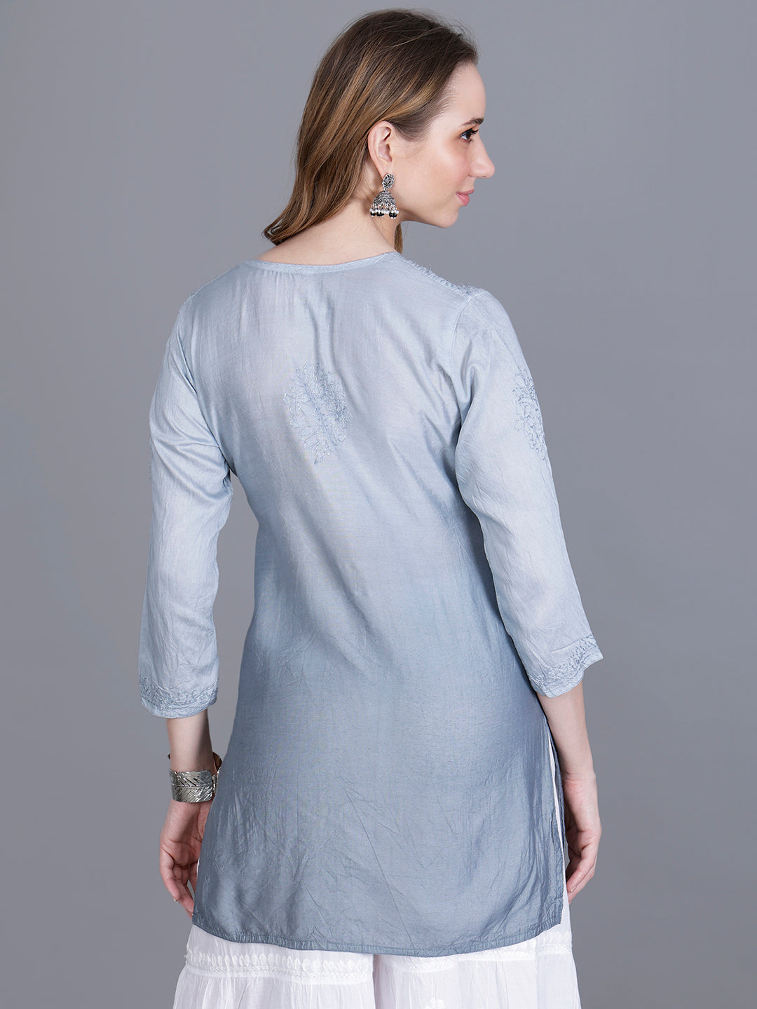 The Chikankari Story Women’s Hand-Embroidered Chanderi Chikankari Short Kurti – 3/4 Sleeve Straight Fit with Bakhhiya Work in Lilac, Pink, Grey, Powder Blue, Brown & Fire Red.