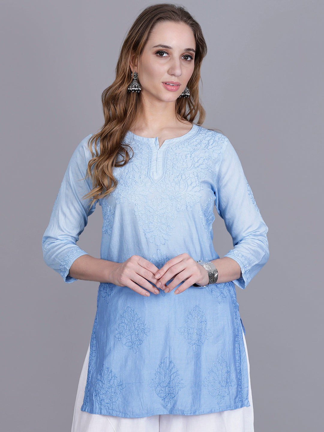 The Chikankari Story Women’s Hand-Embroidered Chanderi Chikankari Short Kurti – 3/4 Sleeve Straight Fit with Bakhhiya Work in Lilac, Pink, Grey, Powder Blue, Brown & Fire Red.