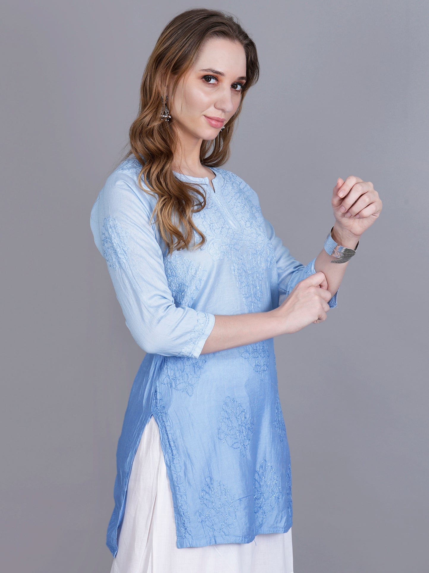 The Chikankari Story Women’s Hand-Embroidered Chanderi Chikankari Short Kurti – 3/4 Sleeve Straight Fit with Bakhhiya Work in Lilac, Pink, Grey, Powder Blue, Brown & Fire Red.